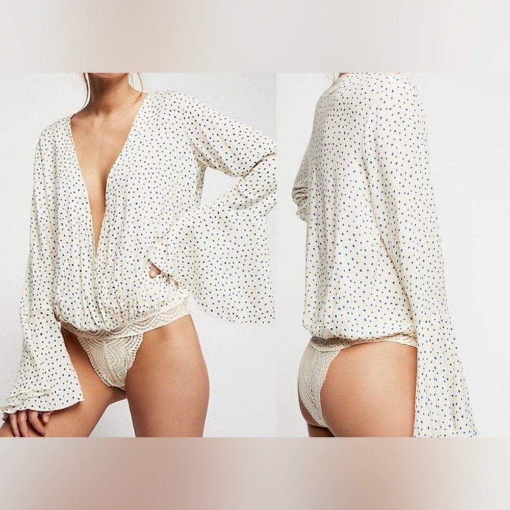Free People Intimately Cream & Blue Polka Dot Makin
Waves Bodysuit